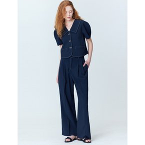 Puff sleeve cropped jacket_two-tuck wide pants set_Navy