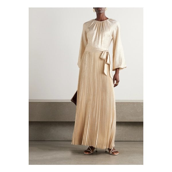 심카이 바레냐 벨트 플리츠 메탈릭 라메 맥시 드레스 골드 1647597353729623