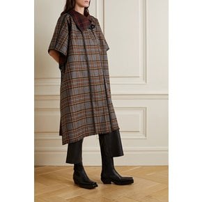 Leather-trimmed fringed checked wool cape 그레이 1647597346301750