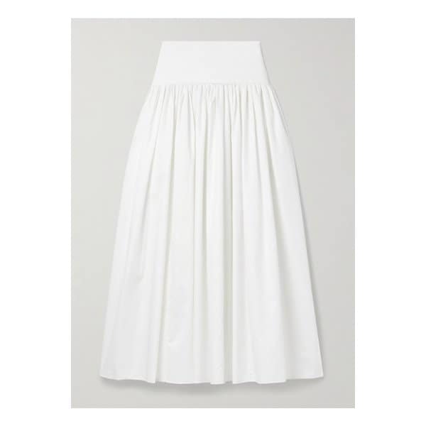 라 리뉴 로렌스 스트레치 니트 트림 개더드 코튼 포플린 미디 스커트 46376663162851578