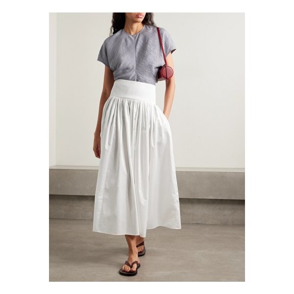 라 리뉴 로렌스 스트레치 니트 트림 개더드 코튼 포플린 미디 스커트 46376663162851578