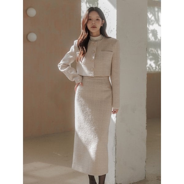 [세트] 그레이스 부클 트위드 자켓 + 그레이스 부클 트위드 스커트_Pink beige