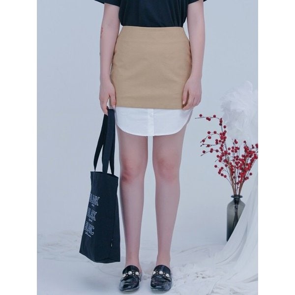 FAKE SHIRT SKIRT-BEIGE