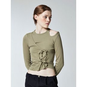 LEAVE CUT-OUT RIBBON TEE - KHAKI