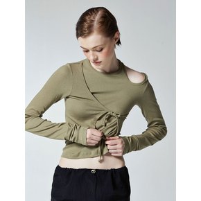 LEAVE CUT-OUT RIBBON TEE - KHAKI