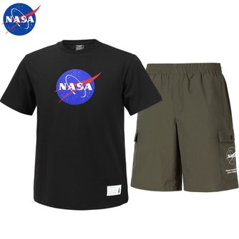 NASA 나사 남녀공용 면 라운드 반팔티+우븐 5부 반바지 상하세트 N-155UBK+N-056PDK 남자 여성 티셔츠 숏팬츠 여름바지 빅사이즈