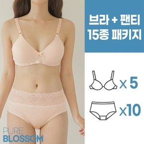 스벅 쿠폰 증정 [퓨어블라썸][15종세트] 소프트 노와이어 볼륨업 브라5+팬티10 팬티 세트/빅사이즈