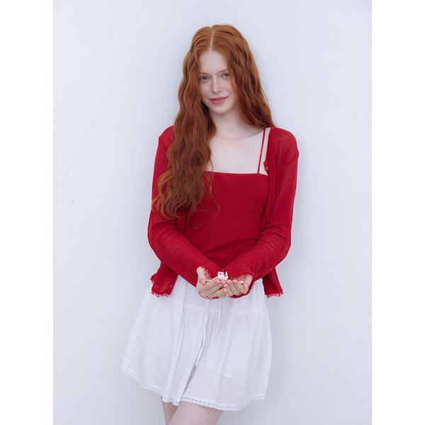 LACE FRILL CARDIGAN & SLEEVELESS SET - RED