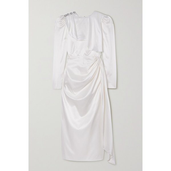장식 드레이프 실크 새틴 미디 드레스 화이트 1647597299289172