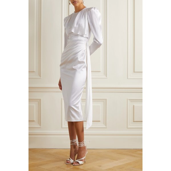 장식 드레이프 실크 새틴 미디 드레스 화이트 1647597299289172