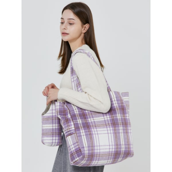 체크 코튼 포켓 에코 숄더백 (퍼플/체크)