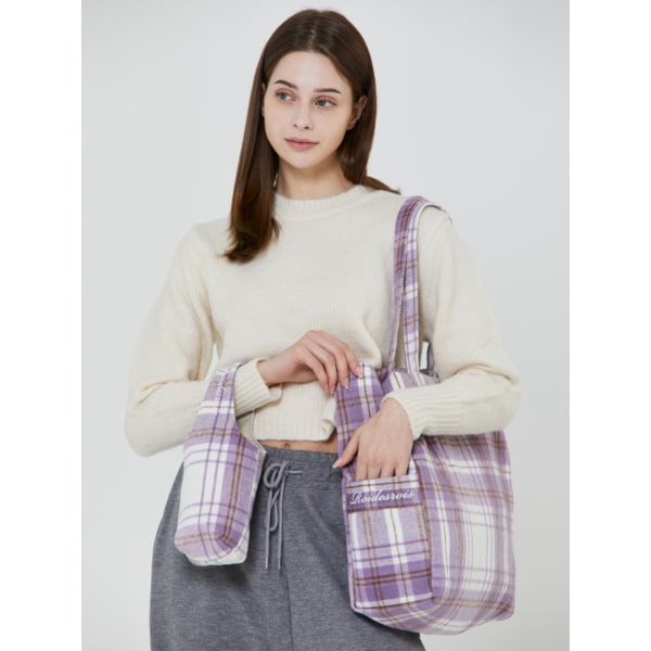 체크 코튼 포켓 에코 숄더백 (퍼플/체크)