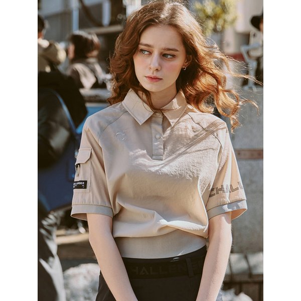 와샤가공 여성 블루종 셔츠형 반팔 우븐탑 베이지_CHD2WWT0611BE