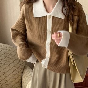 어텀 캐시 배색 니트 카라 가디건