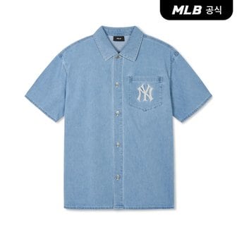 MLB [코리아공식]베이직 미디움로고 반팔 데님셔츠 NY (L.Blue)