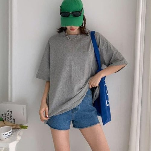 여자 수학여행 무지 오버핏 보라색 면 티셔츠