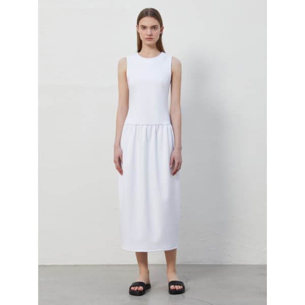 CREWNECK SHIRRING BALLOON DRESS_WHITE