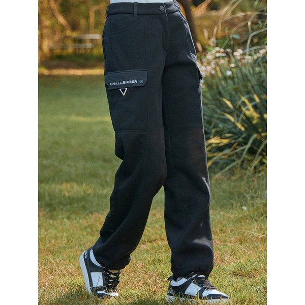 여성 트윌조직 밍크기모본딩 세미와이드 팬츠 블랙