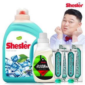 강호동의 쉬슬러 액상 세제 후레쉬 3.05L 1개+구스다운워시전용 650ml 1개+구취케어 치약100g 2개.