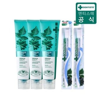 덴티스테 뉴브리즈민트 치약 180g×3개 + 이중 미세모 칫솔×2개_