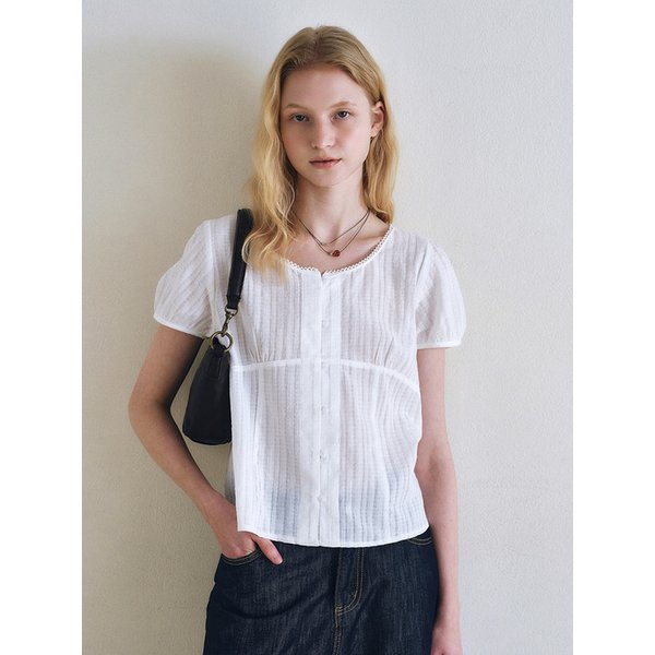 Lace puff sleeve tie-back blouse_Ivory