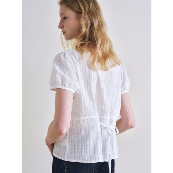 Lace puff sleeve tie-back blouse_Ivory