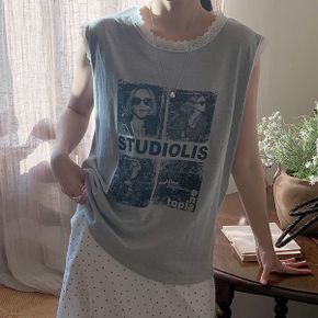 빈티지 프린팅 민소매 티셔츠 레이스 라운드넥 슬리브리스 나시티_P432247346