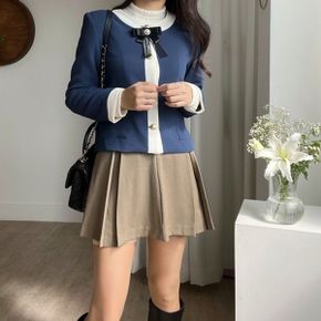 미온느 브로치 노카라 배색 긴팔 버튼 긴팔 루즈핏 걸리쉬 스쿨룩 자켓 원피스 3C.._P329817885