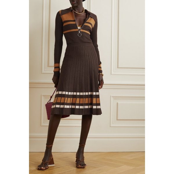 Adam Pleated Striped Knitted Midi Skirt 브라운 15546005221928321