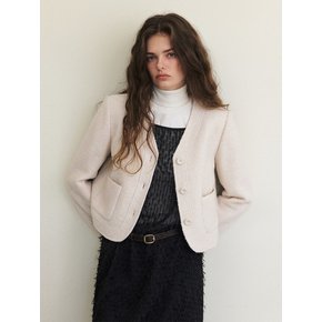 Curved Boucle Tweed Jacket, Ivory