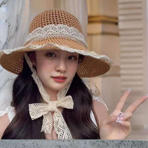 [옷자락] 여성 패션 버킷햇 밀짚 레이스 사파리 모자