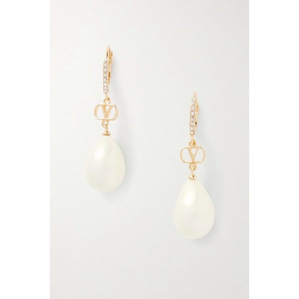 V로고 골드톤 크리스탈 인조 진주 귀걸이 46376663162985023