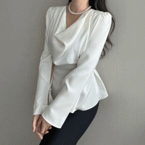 미슬라 새틴 드레이프 셔링 트임 소매 긴팔 허리 핀턱 리본 하프 블라우스 4color _P369511994