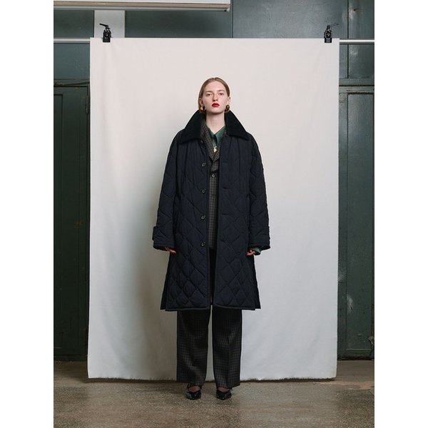 BLACK QUILTED NYLON CORDUROY DETAIL CAR COAT
