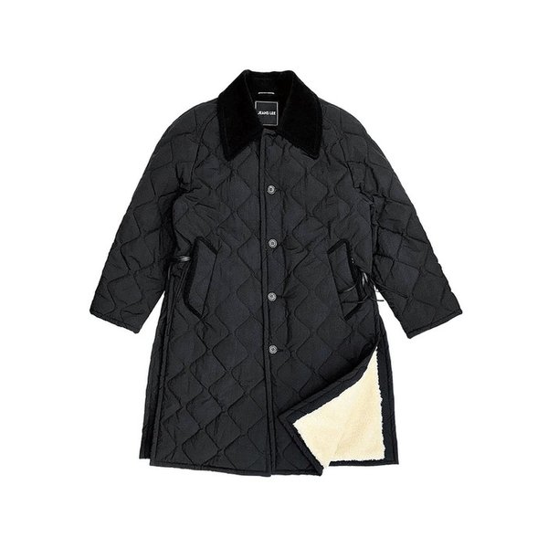 BLACK QUILTED NYLON CORDUROY DETAIL CAR COAT