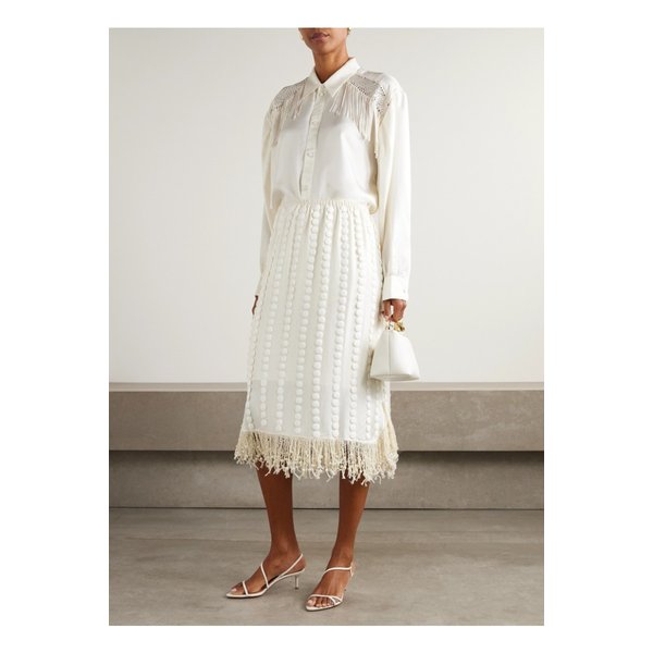 디오티마 커벌리 장식 프린지 실크 새틴 미디 스커트 오프 화이트 46376663162909465