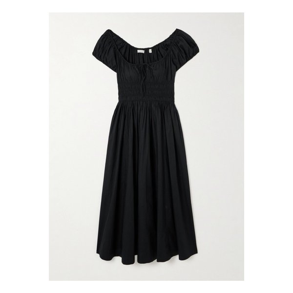 도엔 퀸 타이 디테일 셔링  코튼 포플린 미디 드레스 블랙 1647597328396752