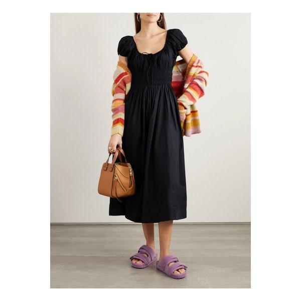 도엔 퀸 타이 디테일 셔링  코튼 포플린 미디 드레스 블랙 1647597328396752