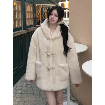 클루니 [하지나 PICK] Creamy hood toggle fur coat - cream