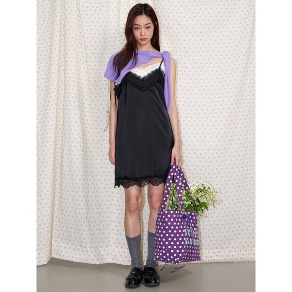 Ribbon-shoulder satin lace mini dress Black