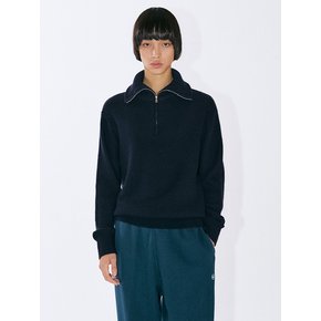 Bold Rib High Neck Half Zip Up Knit - Navy, Ivory