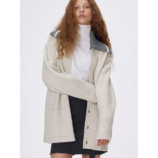 Bulky wool detachable collar coatigan_Lamb