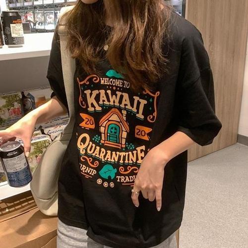 [깨비몰] 카와이 프린팅 면 반팔티 라운드 티셔츠(1)