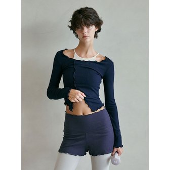 데비웨어 여성 요가복 DEVI-T0112-네이비 필라테스 웨이븐 프릴 롱슬리브