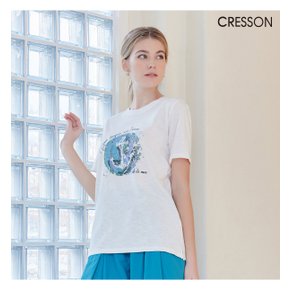 크레송 아쿠아블루 여성 23SS프린팅 포인트 슬럽 티셔츠 C232B003A_ABL