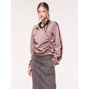 Nylon Shirring V-Neck Top, Brown Pink