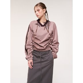 Nylon Shirring V-Neck Top, Brown Pink