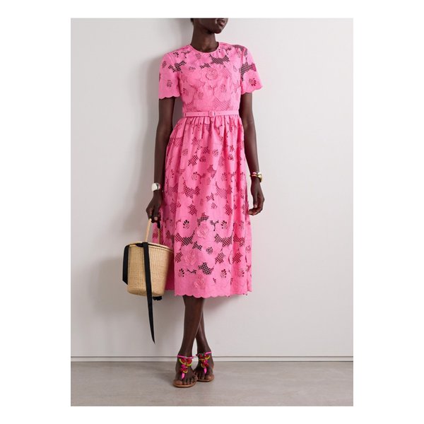 벨트 코튼 혼방 기퓌르 레이스 미디 드레스 핑크 1647597338867499