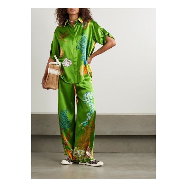 알레마이스 샘 파울레토 아쿠아티카 프린트 실크 새틴 와이드 팬츠 그린 46376663162877881