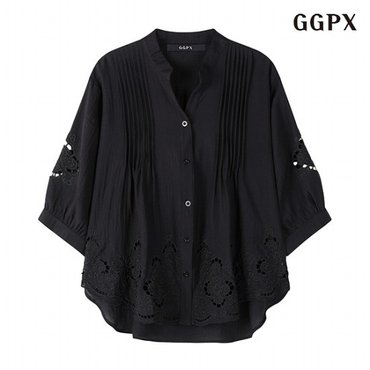 GGPX 정상가:99,000원  플라워 펀칭 트임넥 루즈핏 핀턱 블라우스 (GOBBA015D)